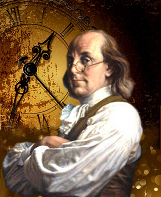 Benjamin Franklin in front of a large clock