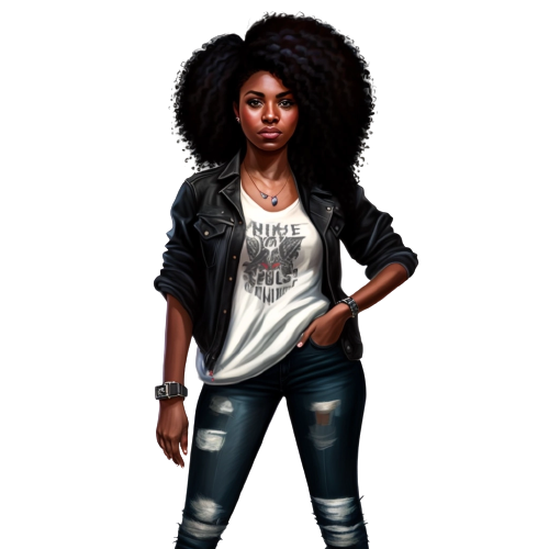 Young African American woman with long natural hair wearing ripped jeans, jacket, and t-shirt