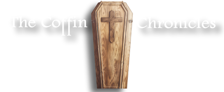 an old-fashioned wooden coffin with the series title