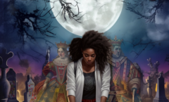 book cover with a young black woman in a graveyard under a full moon